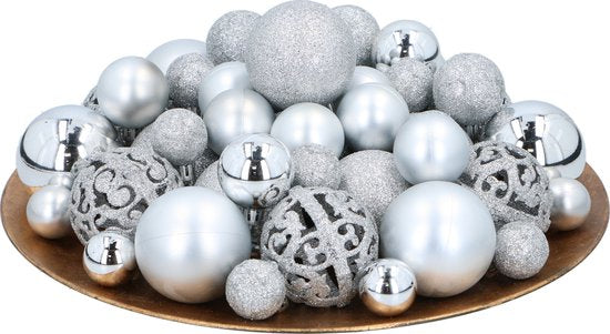 Giftsome Zilveren Kerstballen Set - 101 Kunststof Kerstballen - Incl. Zilveren Piek - Kerst Decoratie - 3/4/6 cm