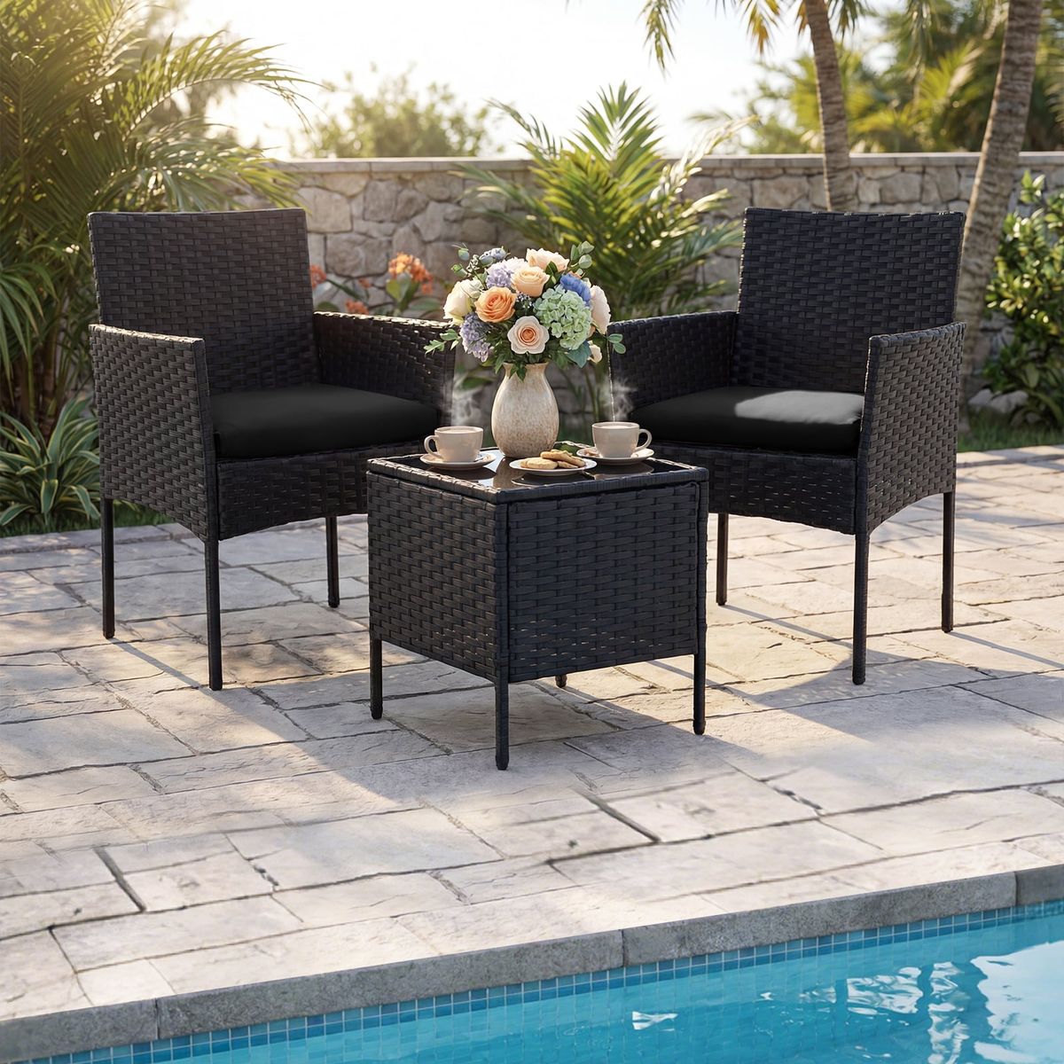 Coast 3-delige tuinset - 2 stoelen en tuintafel - handgevlochten rattan - zwart
