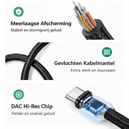JUALL USB C naar AUX Kabel - USB-C naar 3.5 mm Jack - Audio Kabel Auto - AUX naar USB C - 1 Meter - Zwart Gevlochten