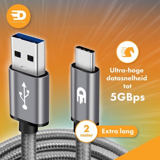 Drivv. USB naar USB C Kabel - Snellader - USB C Data en Oplaadkabel - Kort - 1 Meter - Geschikt voor Samsung, iPhone 15 & Meer - Space Grey