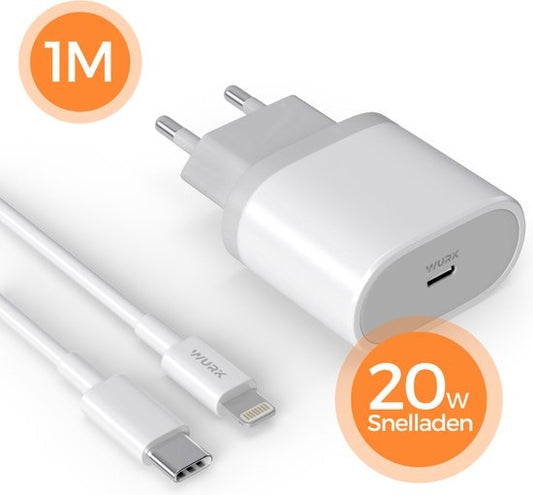 Wurk - Oplader - Geschikt voor iPhone en iPad - 20W Snellader - Oplaadkabel van 1M - Ook Geschikt Voor Oudere iPhones