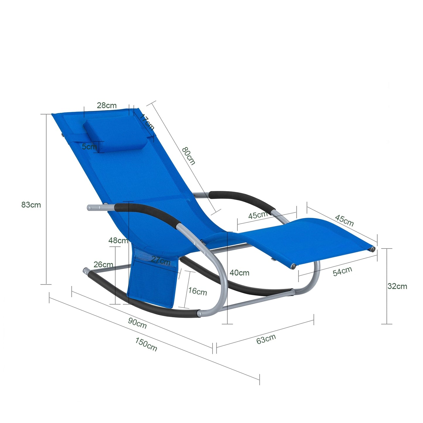 SoBuy Ligstoel OGS28-KB - Met Schommelpoten en Hoofdkussen - 150 x 63 x 83 cm - Blauw