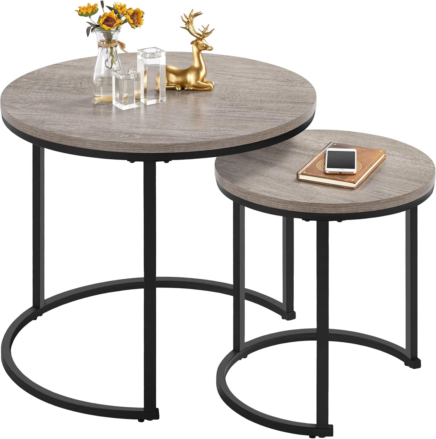 Yaheetech Salontafel Set van 2 Ronde Bijzettafels met Metalen Frame - Eiken Houtkleur