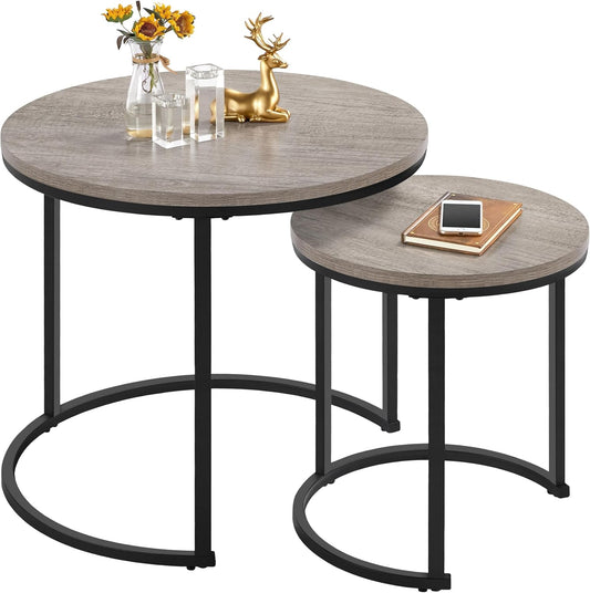 Yaheetech Salontafel Set van 2 Ronde Bijzettafels met Metalen Frame - Eiken Houtkleur