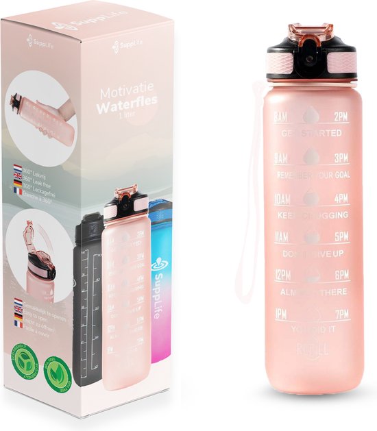 Supplife Bidon - 1 Liter - met Rietje - Motivatie - Sportbidon - BPA Vrij - Rose Goud