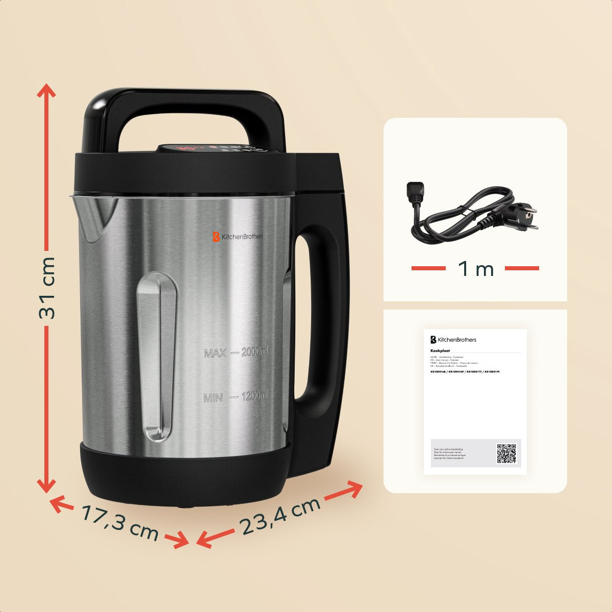 KitchenBrothers Soepmaker - 2L - 5 Programma's - Timer Display - Blender - RVS/Zwart