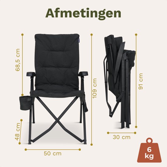TRVLMORE Campingstoel Luxe - Opvouwbaar - 150KG Draagvermogen - Incl. Draagtas - Klapstoel - Kampeerstoel - Vouwstoel - Zwart