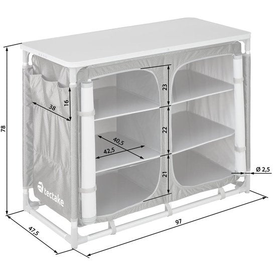 tectake® - Campingkast 97x47,5x78cm - Opvouwbaar - Afsluitbare compartimenten - Stevige werkbladen - Handige insteekzakken aan zijkant - grijs