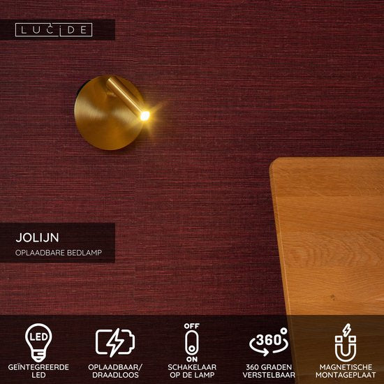 Lucide JOLIJN - Oplaadbare Bedlamp / Wandlamp - Accu/Batterij - Ø 10,2 cm - LED - 1x2W 3000K - Magnetisch - Mat Goud / Messing