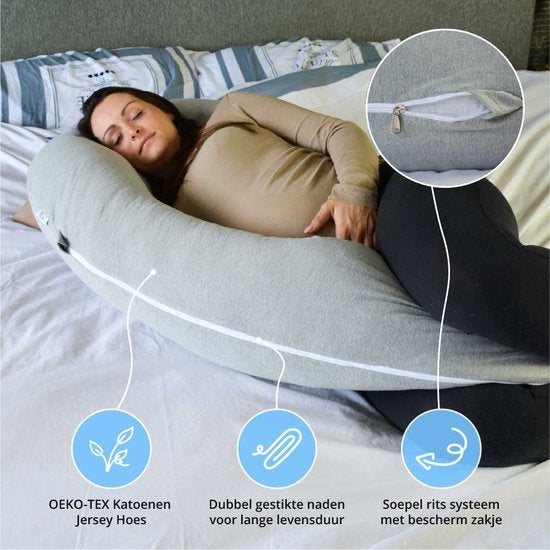 EL-Life Afneembare Katoenen Hoes voor EL-Life Zwangerschapskussen XXL J-vorm - 155cm - Lichtgrijs