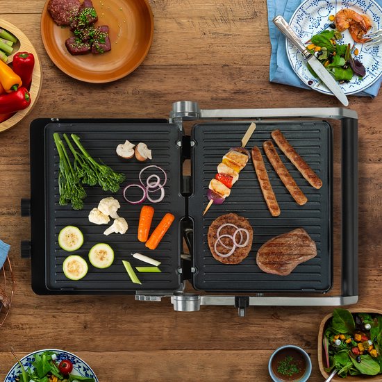 Bourgini Contact Grill PURE – PFAS-vrije 2-in-1 Sandwich- & Panini-Grill – Instelbare Temperatuur & Timer – Verwijderbare Grillplaten – Zilver