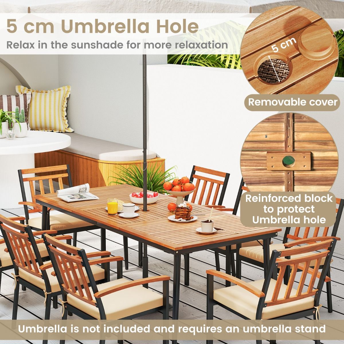 Coast tuintafel voor 8 personen - acaciahout met metalen poten - parasolgat 5 cm - naturel en zwart - 200 x 90 cm