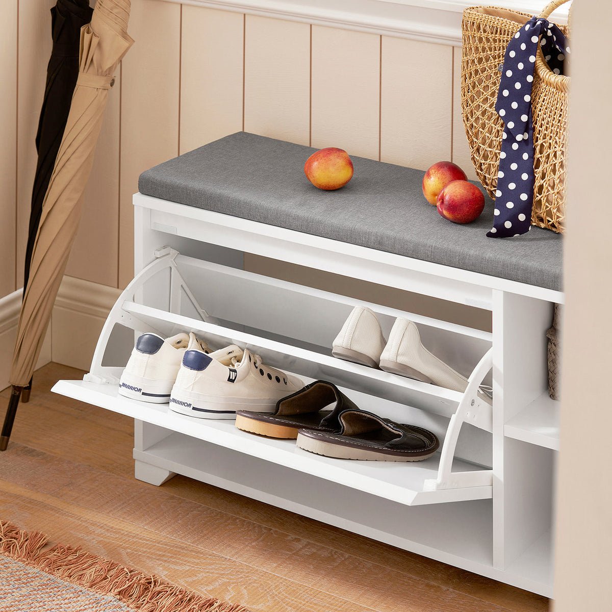 SoBuy FSR119-W Schoenenkast met zitvlak - 90 x 24 x 46 cm - Wit/ Grijs