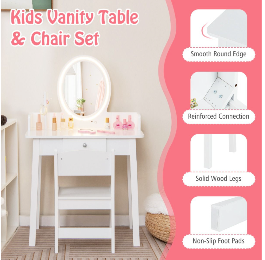 Coast Kinderkaptafel en Stoelset - 2-in-1 Bureau, Tweekleurige LED-Spiegel, Anti-kantel - 60 x 35 x 96 cm - MDF/Grenen Hout - Wit