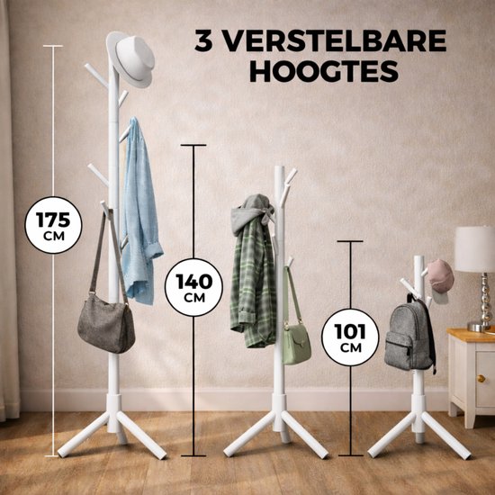 Bayt Kapstok - Staande kapstok - Kapstok Hout - Kapstok Staand - Garderoberek - 8 Haken - 175 cm - Wit