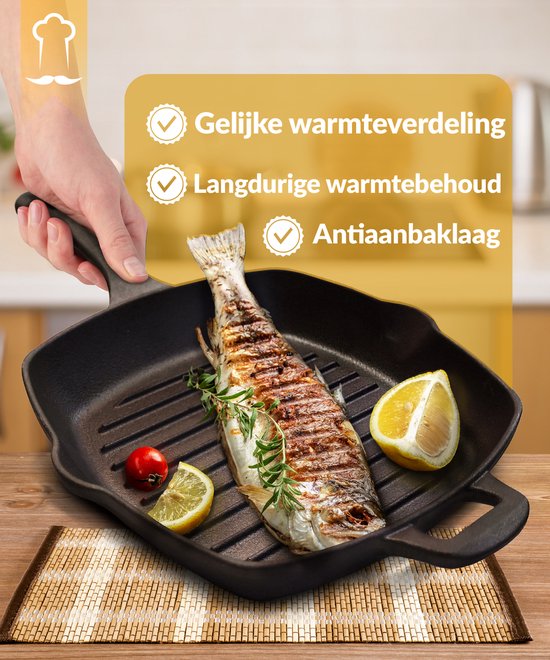 Chefarone Gietijzeren Grillpan – 25,5 cm – Voor Inductie, Gas, Oven & BBQ – Vierkante Grillpan met Ribbels – Perfecte Grillstrepen & Warmteverdeling – Pan met Handgreep