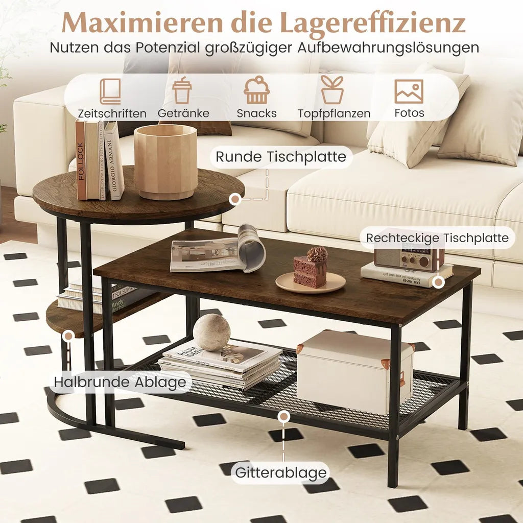 Coast Salontafel Set van 2 – Ovale en Ronde Bijzettafel met Metalen Frame – Bruin