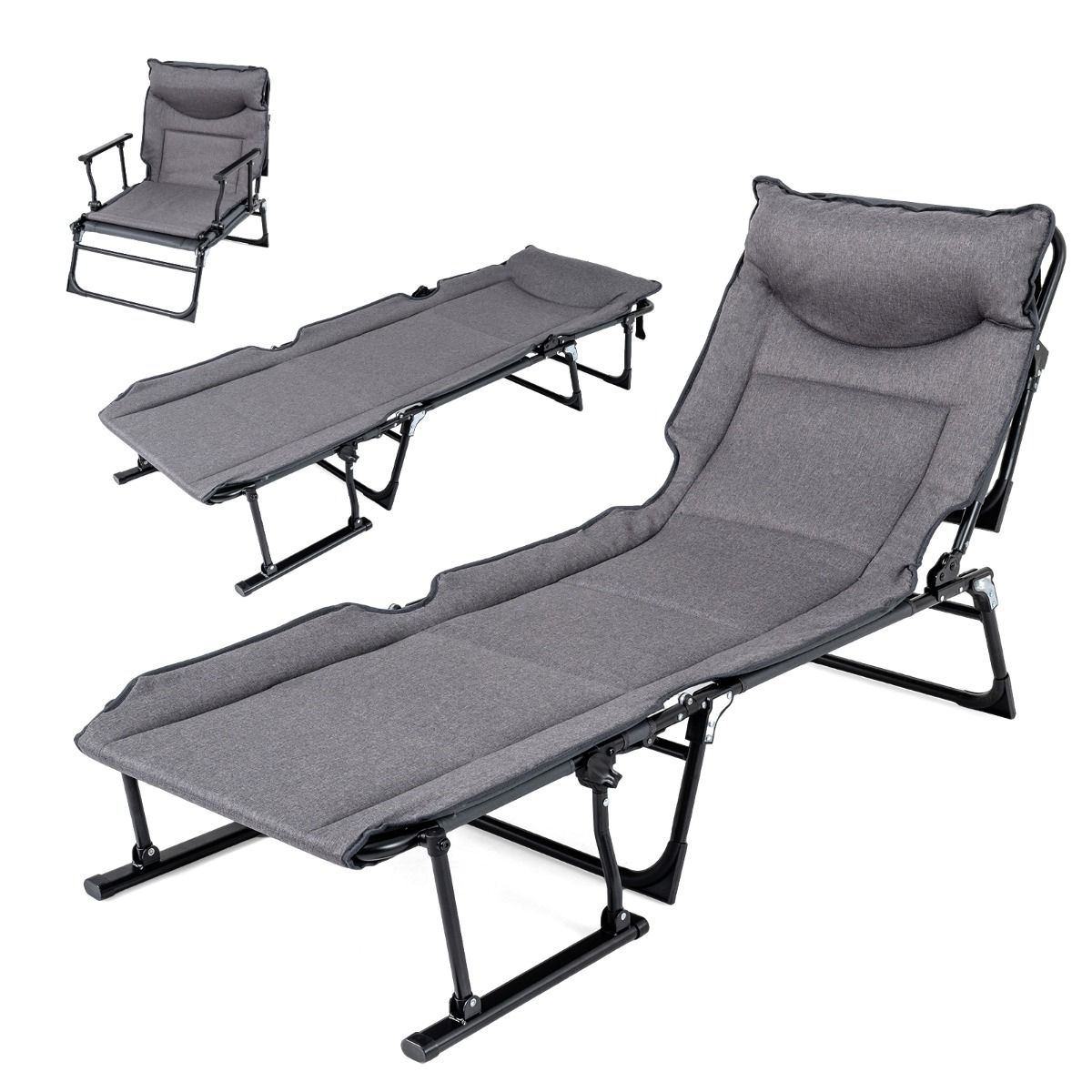 Coast Opvouwbaar Campingbed 3-in-1 - verstelbare rugleuning - hoofdsteun - grijs en zwart