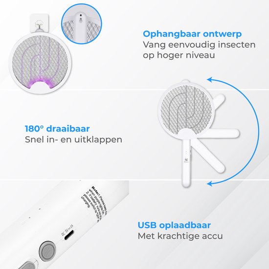 Nuvance Elektrische Vliegenmepper - 180° Draaigreep - Muggenlamp - Usb Oplaadbaar - Vliegenvanger - Muggenvanger - Uv - Wit