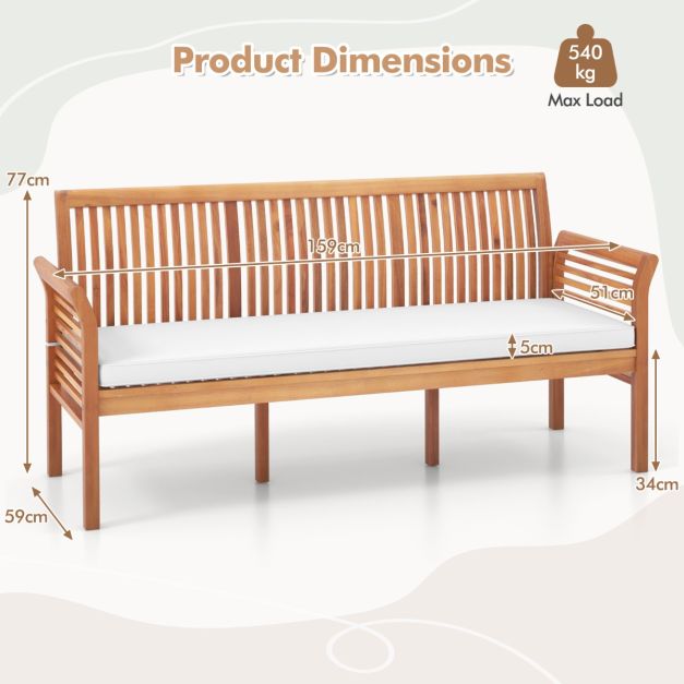 Coast 3-zits Acaciahouten Tuinbank met Kussen – 159 x 59 x 77 cm – Naturel