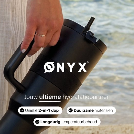 ONYX Drinkfles met Rietje 1 Liter - Waterfles voor Kinderen & Volwassenen - Thermosbeker RVS Travel Mug - Motiverende Drinkbus - Drinkbeker voor School - Onyx Black