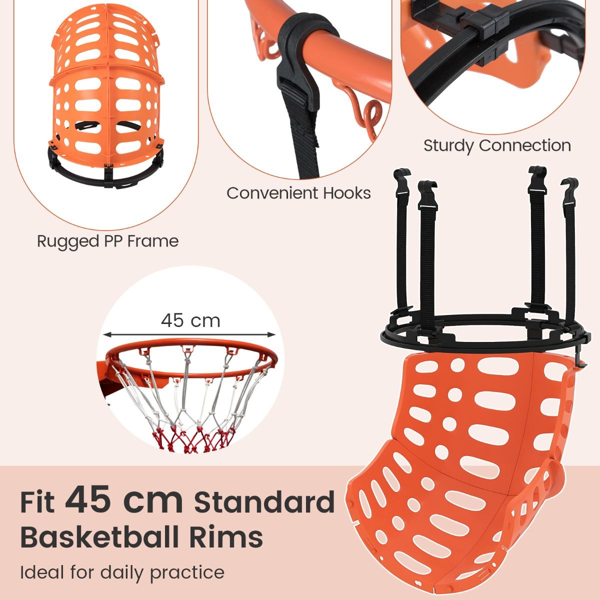 Coast Basketbalrebounder - 360 graden draaibaar - Verstelbare balterugslag - Zwart en oranje