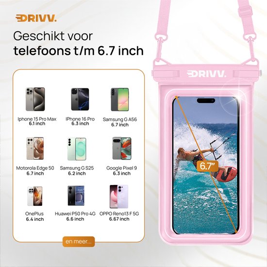 Drivv. Luxe Waterdicht Telefoonhoesje – Drijvend - Dubbele Klipsluiting - Tot 6.8 inch – Onderwater Hoesje telefoon - Roze