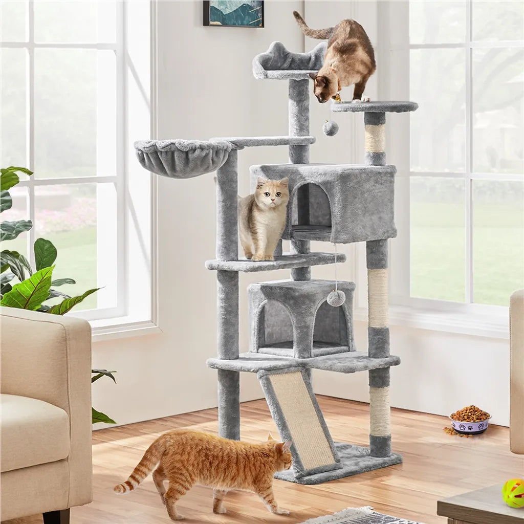Yaheetech krabpaal 146 cm - met 2 kattenholen - 3 uitkijkplatforms - lichtgrijs