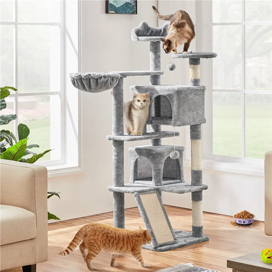 Yaheetech krabpaal 146 cm - met 2 kattenholen - 3 uitkijkplatforms - lichtgrijs