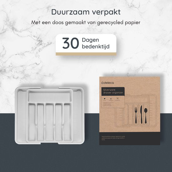 Deleca Uitschuifbaar Bestekbak met 8 Vakken - Besteklade Organizer - Keukenlade Bestek Organiser - Bestekhouder Keuken - 57 x 38 cm - Kunststof / Wit Grijs