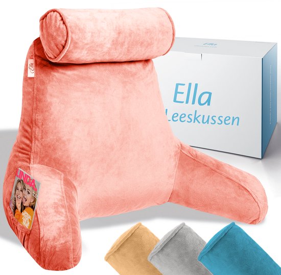 Ella Leeskussen XL - Memory Foam Relax Kussen voor in Bed - Zitkussen met Nekrol & Onderrug Ondersteuning - Bookseat - Fluweel Koraal Roze