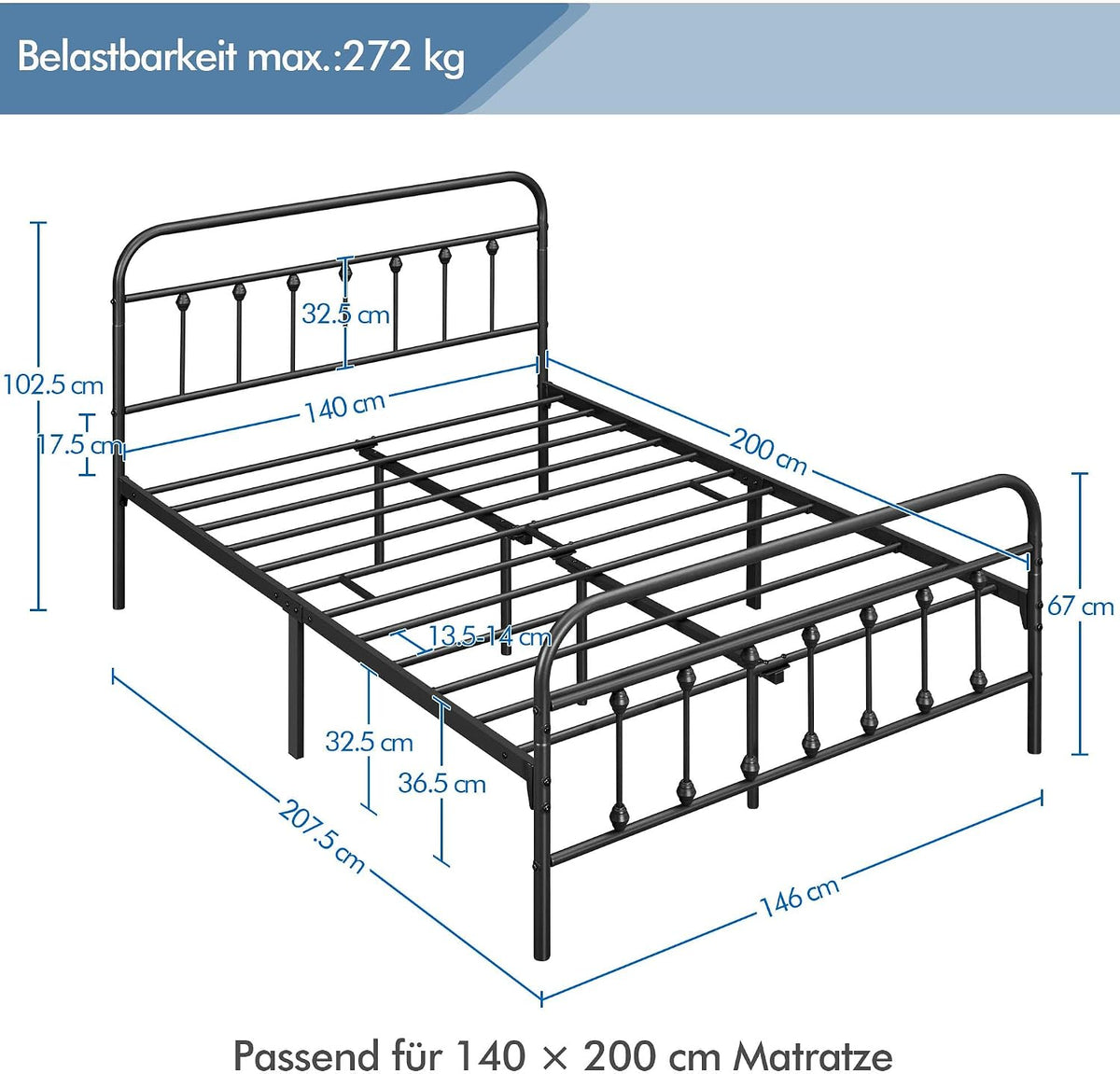Yaheetech Metalen Bedframe - Klassiek Design - Met Lattenbodem - Draagvermogen 272 kg