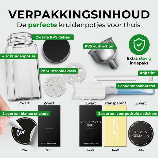 Soothe 48 Glazen Kruidenpotjes Vierkant met Zwarte Deksel – 2 Soorten Strooideksels – Kruidenstrooier – Spice Jars – Complete Set incl Kruiden Stickers, Krijtstift en Accessoires – 120ml
