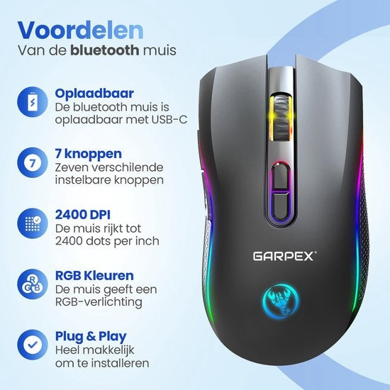 Garpex® Stille Draadloze Muis - Gaming muis - Computermuis - Muis Draadloos - Met LED Verlichting - Oplaadbaar - Zwart