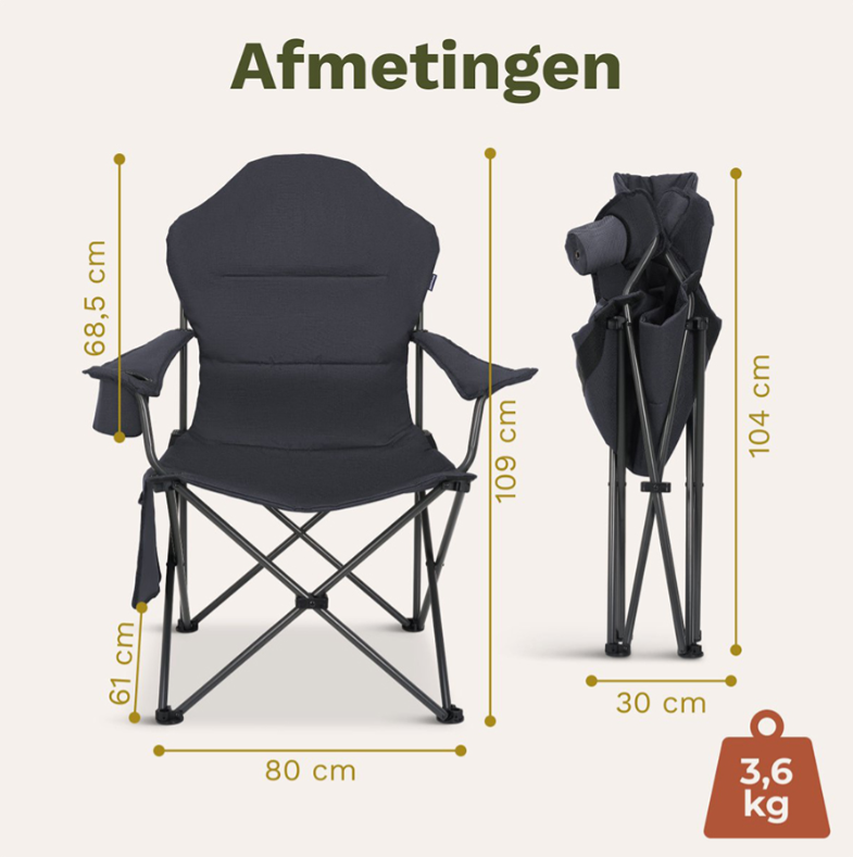 TRVLMORE Campingstoel XXL - Opvouwbaar - 160KG Draagvermogen - Incl. Draagtas - Klapstoel - Visstoel - Kampeerstoel - Vouwstoel - Grijs
