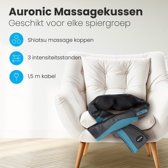 Auronic Shiatsu Massagekussen - Elektrisch Nekmassage Apparaat - Massage Apparaten - Nek en Schouder - Infrarood - Inclusief Draagtas - Zwart/Blauw