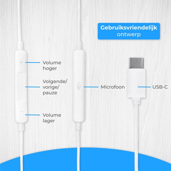 Nuvance - In-Ear Oordopjes met Draad - USB-C - Wit Kunststof - Met Microfoon & In-Line Bediening - Helder Geluid & Comfortabele Pasvorm - Voor Moderne Smartphones