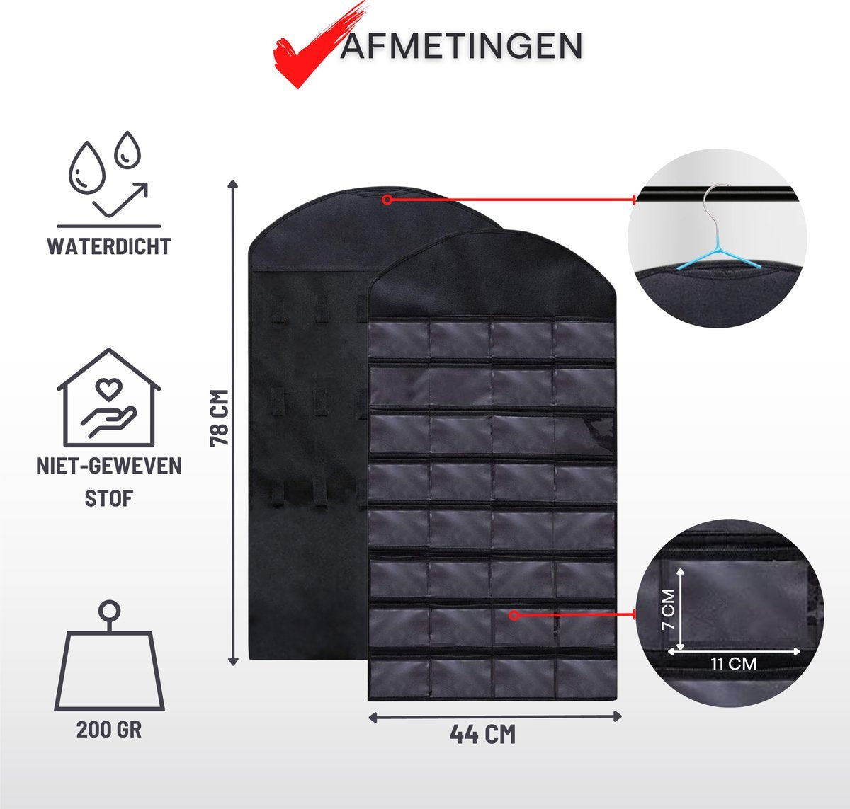 Aerend - Sieraden organizer - Dubbelzijdige hangende en doorzichtige Juwelenstandaard - Opbergaccessoires - Opbergtas boven de deur in zwart - Voor kettingen, oorbellen, zonnebrillen, ringen, Make-up