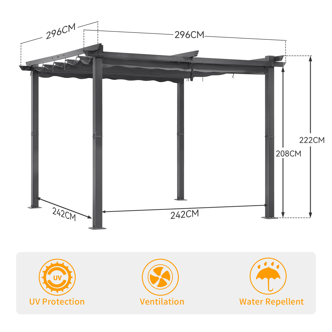 Angel Living Aluminium Pergola met Verstelbaar Uitschuifbaar Dak - 3 x 3 m - Grijs/Antraciet