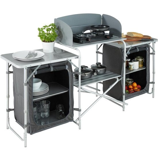 tectake® - Campingkeuken 172x52x104cm - Opvouwbaar - Afsluitbare compartimenten - Stevige werkbladen - Incl. windscherm- grijs