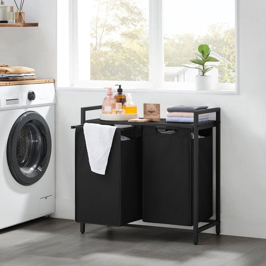 O'DADDY® Wasmand - 2 vakken – Uitschuifbare Wassorteerder Met Plank - 73 x 33 x 72 cm - Dark Grey
