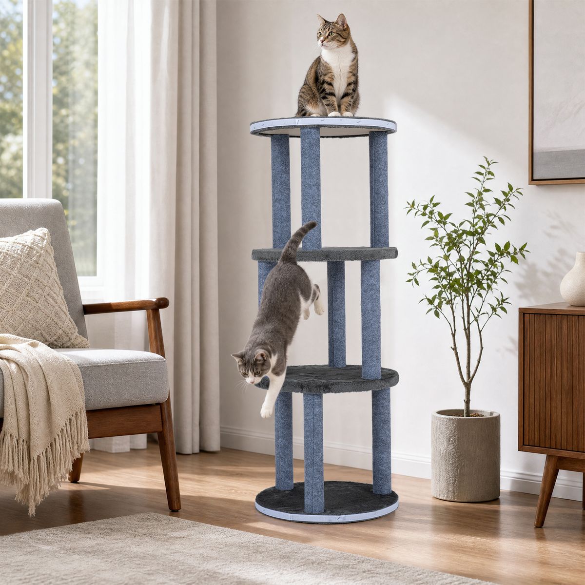 Coast Vierlaags Kattenhuis - tonvormig kattenmeubel - met sisal krabplank en pluchen bed - donkergrijs 43 x 43 x 113 cm