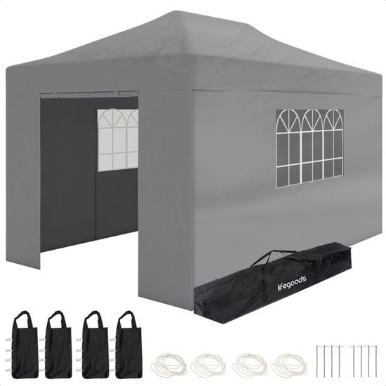 LifeGoods Partytent - Paviljoen - EasyUp - Opvouwbaar - Waterdicht - Met Draagtas met wieltjes - 440 x 297 cm - Donkergrijs