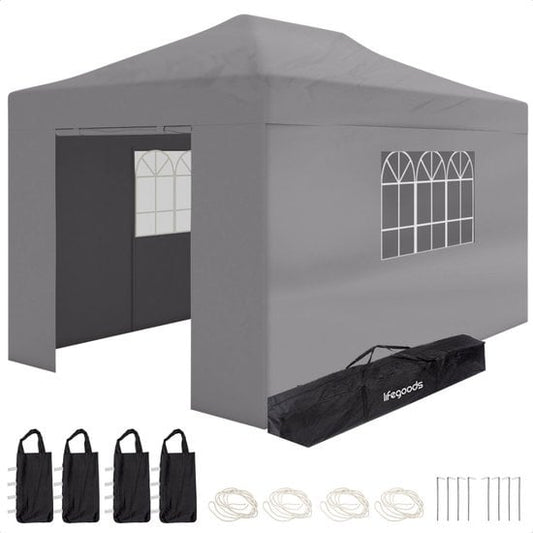 LifeGoods Partytent - Paviljoen - EasyUp - Opvouwbaar - Waterdicht - Met Draagtas met wieltjes - 440 x 297 cm - Donkergrijs
