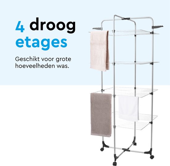 BRASQ Droogtoren 4 Lagen - Drooglengte 40 Meter - Droogrek met Wieltjes en houders - Wasrek - Wastoren 68x68x169 cm - Wit