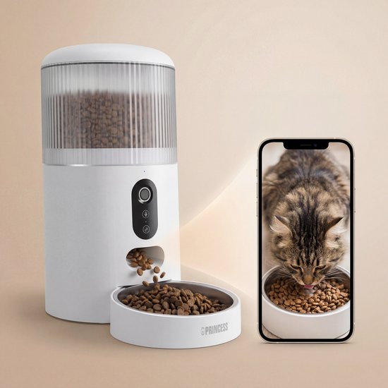 Princess Automatische Voerbak - HD Camera & Smart - 4 Liter – Kat & Hond - App‑Bediening – Geplande Voeding – Roestvrijstalen Kom – Back-up Batterij - Voerautomaat - Voerdispenser - 610045
