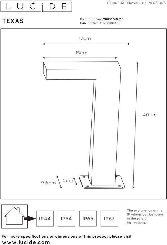 Lucide TEXAS - Sokkellamp - LED - 1x8W 3000K - IP54 - Antraciet