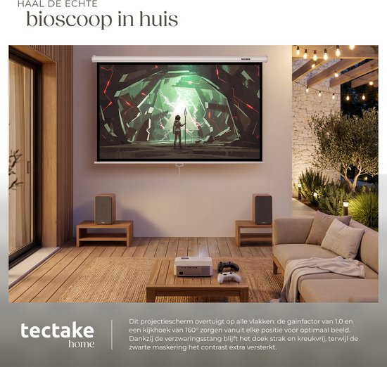 tectake® Beamer Scherm - 72 Inch (183 cm) - 16:9 Projectiescherm - Wand of Plafond Montage - 4K HD - Oprolbaar - Uittrekbaar - Projectiedoek - Presentatiescherm - Home Cinema - Inclusief Montagemateriaal