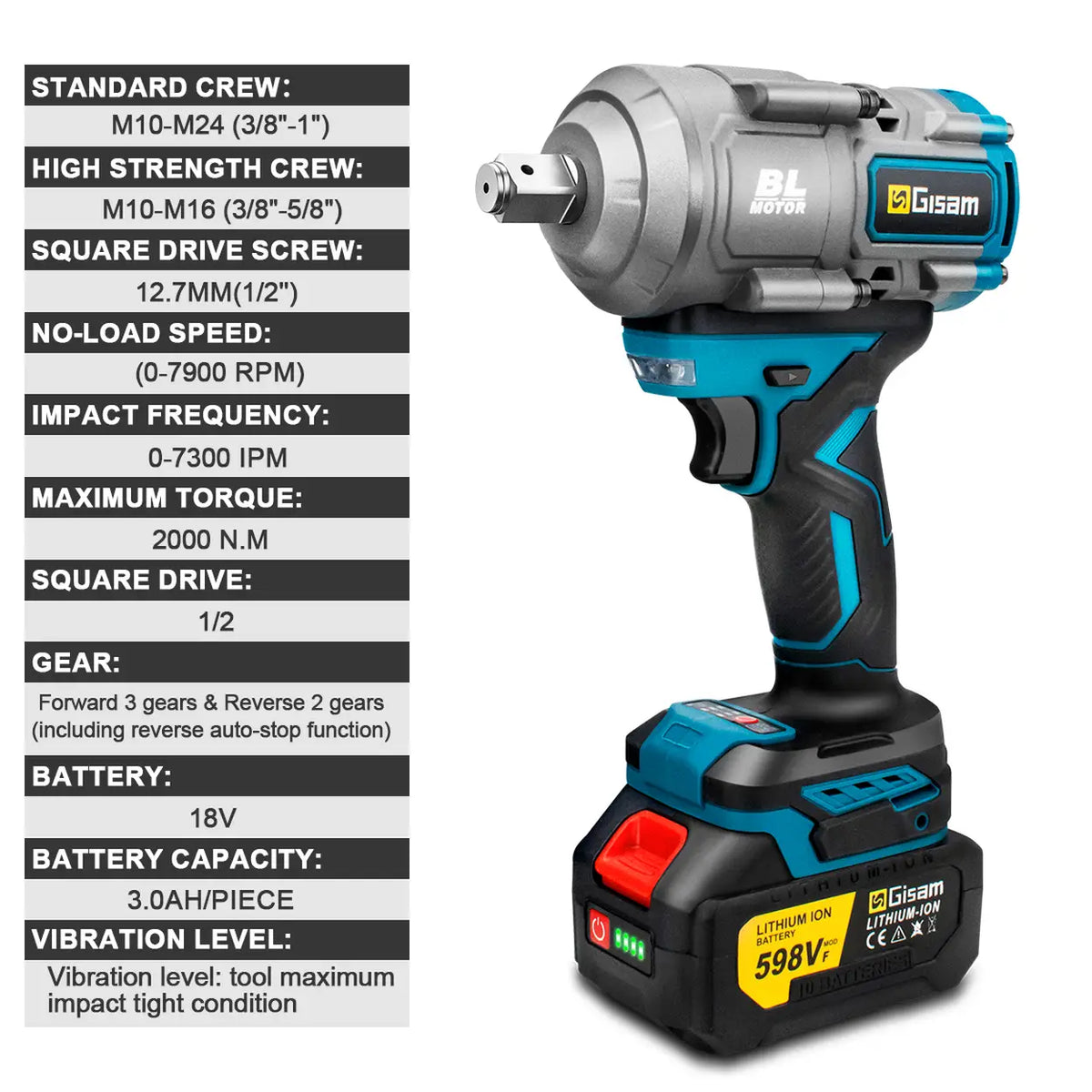 Gisam 2000Nm Slagmoersleutel Brushless Elektrisch - Krachtige Impact Wrench - 2000 Nm
