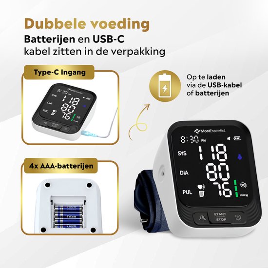 MostEssential Premium Bloeddrukmeter Bovenarm - Hartslagmeter - 398 Metingen Geheugen - Inclusief USB-C Kabel - 30S